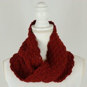 Handmade Women's Red Crochet Organic Cotton Scalloped Infinity Cowl